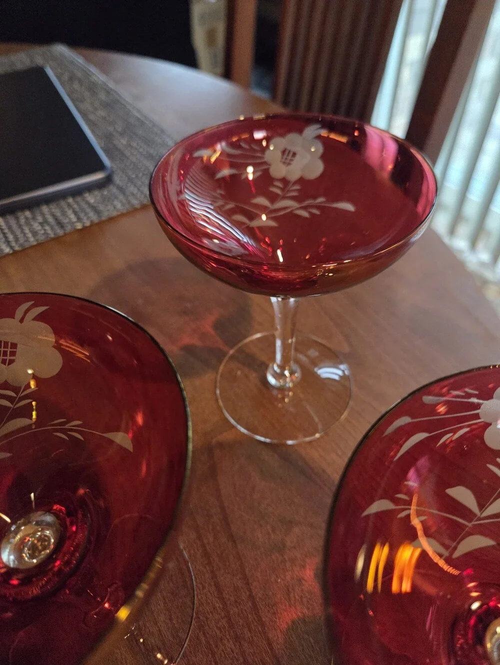Vintage Cranberry Cut To Clear Bohemian Cutwork Coup Glasses (3)